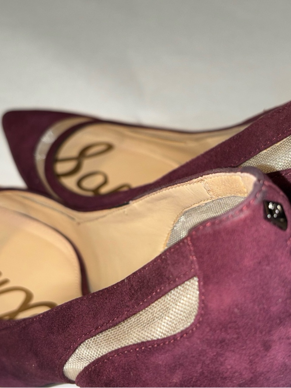Sam Edelman Burgundy Suede Pointed-Toe Mesh-Inset Pumps - Picture 5 of 15